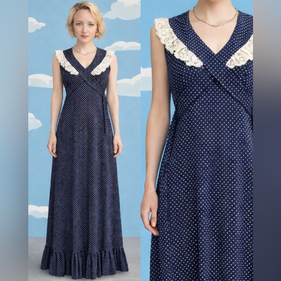 Vintage prairie dress- polka dot navy ruffle, lace cross tie maxi- XXS - Picture 2 of 14